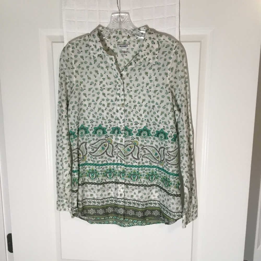 Old Navy Ladies Button Down Floral Blouse Cream/ Green Size SP